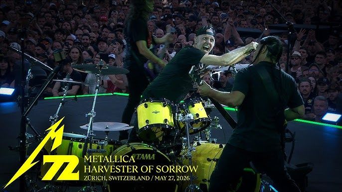 Live performance by Metallica in Zurich, Switzerland, featuring Lars Ulrich on yellow drums.
